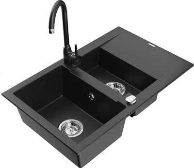 Produktbild von Mexen Gaspar 1,5-Becken-Granitspüle mit Abtropffläche und Mischbatterie Telma, Schwarz/Silber - 6507-73-670200-70