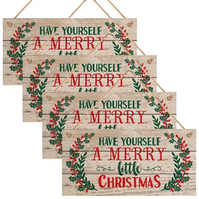 Produktbild von Weihnachtsschild Weihnachtsdeko Holzschild - 20 x 10 cm - 4 Stück - Holz - Frohe Weihnachten zum Aufhängen