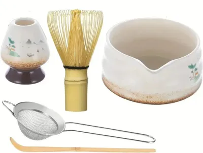 Obrázok produktu pre Sada na prípravu matcha čaju - keramická miska na matcha - miska s výlevkou - bambusová metlička - sitko - lyžička - držiak na metličku