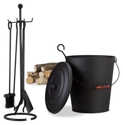 Produktbild von 6 tlg Kamin-Set, Ascheeimer mit Deckel, Kaminbesteck 5-teilig, mit Schaufel, Besen, Schürhaken, Zange u. Halter, schwarz