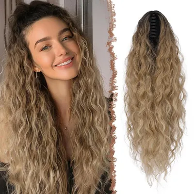 Obrázok produktu pre Dlhý, vlnitý, kučeravý parochňový drdol s gumičkou, syntetický materiál, 75 cm, farebný prechod od blond do hnedý
