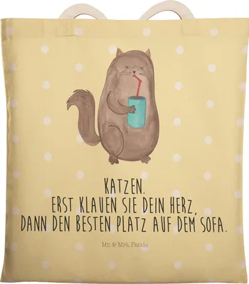 Produktbild von Mr. & Mrs. Panda Einkaufstasche Katze Dose - Gelb Pastell - Geschenk, Cat, Tasche, shopping bag, Katzenliebhaberprodukte, Tragetasche, Tote, Herz, Katzen, Bezaubernd