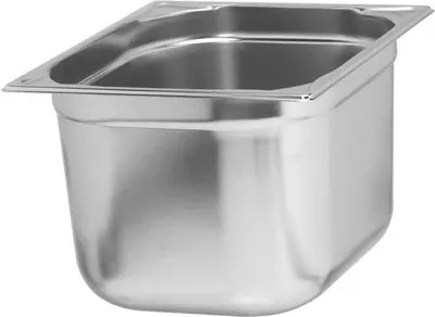 A clean, empty stainless steel food pan.