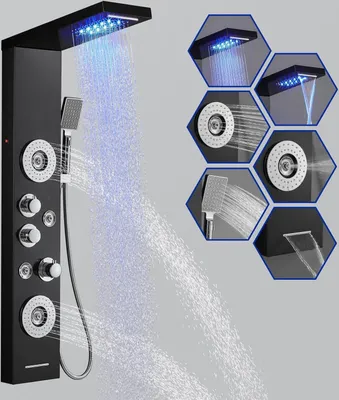 Produktbild von Duschpaneel mit Thermostat LED, 5-Funktion (Regendusche, Wasserfall, Massagedusche, Handbrause und Badewanneneinlauf), 304 Edelstahl Duschsäulen