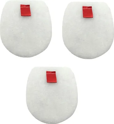 Three white, oval-shaped filters with a small red tab on each, arranged in a staggered pattern.