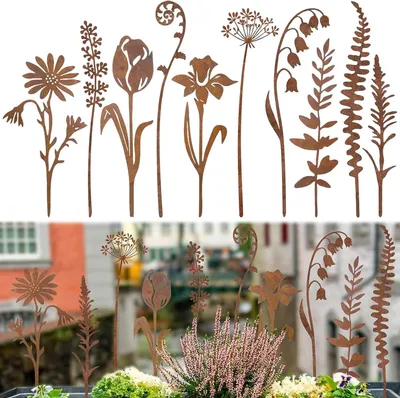 Produktbild von 10 Metall-Blumenstecker für den Garten mit Rostoptik, wetterfest, für Garten, Hof, Terrasse und Balkon