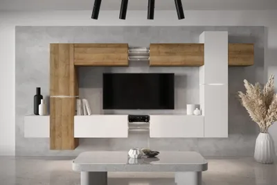 Immagine prodotto di Furnitech Parete attrezzata soggiorno - Mobili da salotto con LED RGB - 16 colori - Parete attrezzata moderna - Scaffali e mobile TV (AN91NEW-21DZW-M15 MATT)