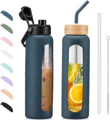 Produktbild von Glasflasche 900 ml, mit Strohhalm und 2 Deckeln, Borosilikatglas, für Getränke