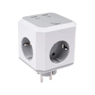 A white and gray cube-shaped power adapter with multiple outlets and USB ports.