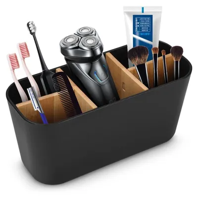 Image de Porte-brosses à dents avec récipient amovible, séparateurs en bambou, 5 compartiments, couleur noire