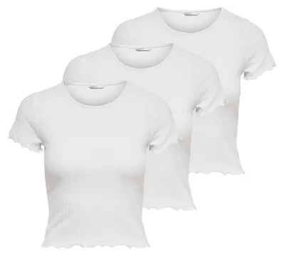 Produktbild von ONLY Damen T-Shirt 3er Pack - ONLEMMA SHORT TOP, Rundhals, Cropped, gerippt, einfarbig Weiß M