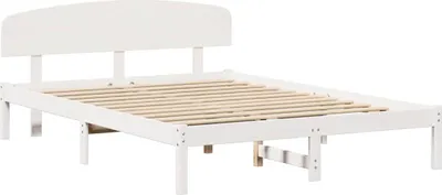 Zdjęcie produktu dla Łóżko Drewniane 150x200 Białe z Zagłówkiem ze Stelażem do Sypialni