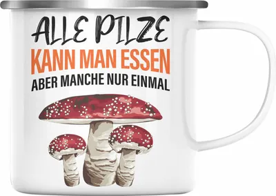 Produktbild von Trendation - Pilzsammler Geschenk Emaille Tasse Pilze Sammeln Emaille Emaille Tasse Geschenkidee Pilzsucher Pilzliebhaber (Silber)