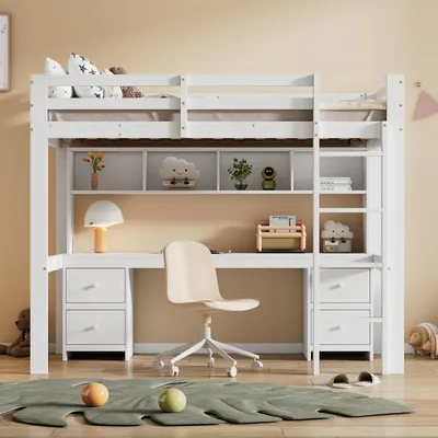 Zdjęcie produktu dla Łóżko piętrowe - 90 x 200 cm, białe, wykonane z drewna sosnowego i MDF, z biurkiem, z szufladami, z drabiną