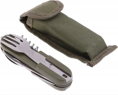 Imagen del producto de Jumada - Cubiertos de camping multifuncionales - Verde - Incluye funda protectora - Con cinturón para herramientas - Plegables - Incluye tenedor, cuchara, cuchillo, sacacorchos, abrelatas y "spork" (cubierto híbrido). - Herramienta multifuncional práctica para camping y supervivencia