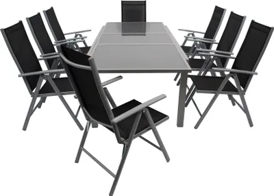 An outdoor dining set with a table and chairs, presented on a white background.