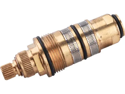 A close-up studio shot of a brass thermostat cartridge against a white background.
