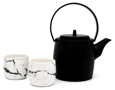 Produktbild von Gusseiserne Teekanne 1,2 Liter mit 2 Porzellanbechern - 3-teiliges Set