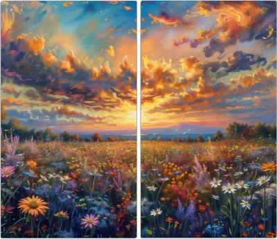 Produktbild von Spritzschutz Herdabdeckplatte Schneidebrett aus Glas Blumenwiese Sonnenuntergang 2-Teilig (60x52cm)