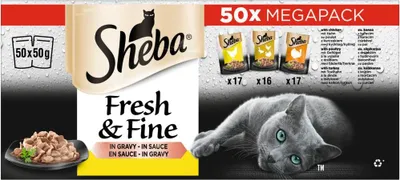 A multipack of Sheba cat food pouches, featuring a cat and product details.