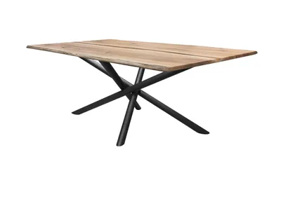Produktbild von Woodroom Esstisch Gizeh Wildeiche massiv geölt 180×100 cm mit Baumkante, Epoxidharzband und Spinnengestell