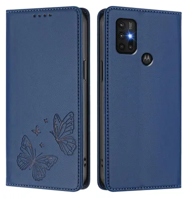 Produktbild von Lederhülle für Motorola Moto G30 / G20 / G10, Schmetterling Prägung Leder Brieftasche Schutzhülle mit Ständer Dunkelblau