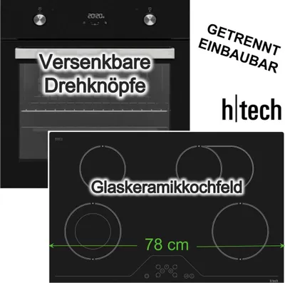 Produktbild von Herdset Einbaubackofen schwarz + Glaskeramikkochfeld 78 cm Zweikreiszone Bräterzone rahmenlos autark h|tech