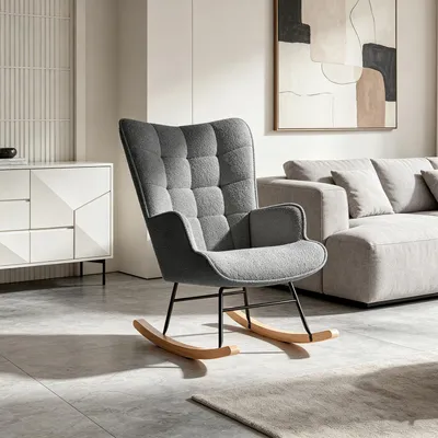 Immagine prodotto di INONEFT: Poltrona a dondolo, poltrona relax, poltrona fissa, poltrona a dondolo con braccioli e base in legno, rivestita in tessuto tipo "teddy", colore grigio scuro, dimensioni 75 x 68 x 92 cm