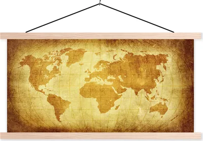 Produktbild von MuchoWow® Textilposter Weltkarte - Vintage - Braun 60x30 cm mit holzfarbenen Rahmen - Dekoration
