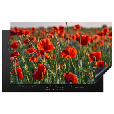 Obrázok produktu pre KitchenYeah® Kryt varnej dosky maky - červené - zelené - kvety, 83x51cm, kuchynská dekorácia, keramický kryt varnej dosky, krycia doska na varnú dosku