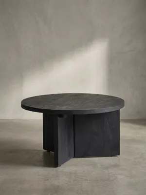 Produktbild von Couchtisch 60x60x33 cm Mango Massivholz Schwarz Sofatisch Rund, Design Wohnzimmertisch Dreibein, Kaffeetisch Wohnzimmer Niedrig Modern mit natürlicher Holzmaserung