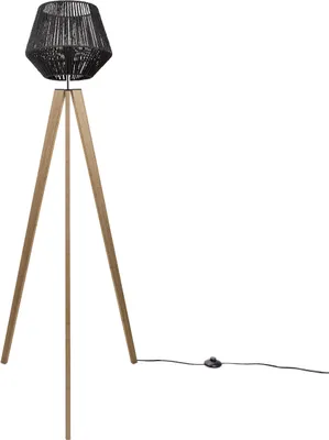 Produktbild von Stehlampe Modern Wohnzimmer Schlafzimmer Rattan Optik Boho Korb Stehleuchte E27 Lampenschirm Schwarz (Ø33 cm) Lampenfuß Stehleuchte Holz