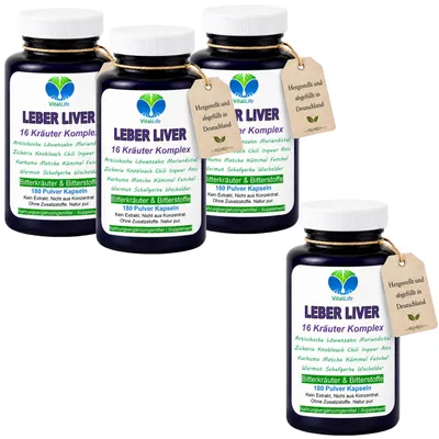 Produktbild von Leber Liver Bitterstoffe & Bitterkräuter Komplex – 720 (4x180) Pulver Kapseln – 16 Naturkräuter Ohne Zusatzstoffe