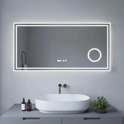 Produktbild von LED Badspiegel 3-Fach-Vergrößerung Badezimmerspiegel mit Beleuchtung Lichtspiegel Wandspiegel mit Touch-schalter Uhr Kosmetikspiegel IP44 Kaltweiß Dimmbar Anti-Beschlag Memory-Funktion 120x60cm