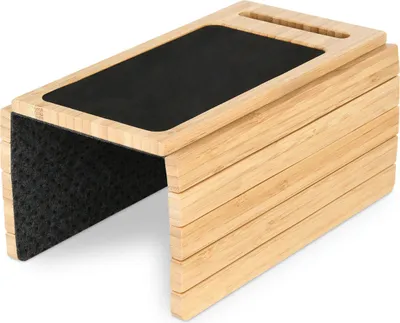 Produktbild von Bambus Sofatablett 33x23,2 cm inklusive Handyhalterung und Anti-Rutsch Pad, praktische Couchablage für Armlehne, Getränke & Snacks