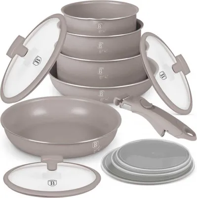 A set of cookware is arranged on a white background.