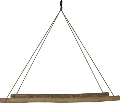 A hanging decoration made of wooden logs suspended by ropes.
