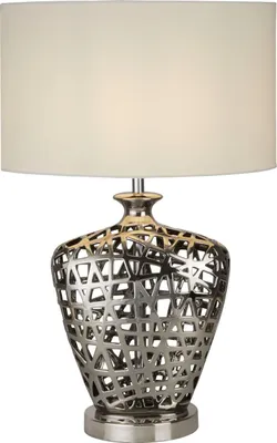 Produktbild von Tischlampe Keramik Stoff Ø 36 cm 57 cm hoch Chrom Weiß E27 rund Modern Keramikleuchte