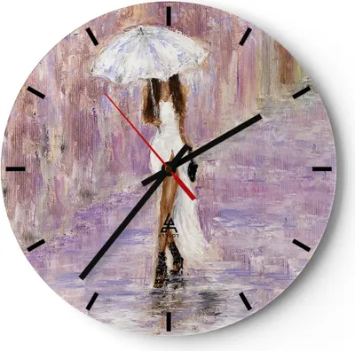 Produktbild von Wanduhr - Rund - Glasuhr - Frau Regenschirm - 30x30cm - Schleichendes Uhrwerk - Lautlos - zum Aufhängen bereit - Dekoration Modern - Wanddekoration aus Glas - C3AR30x30-3822