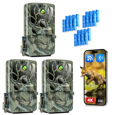 Produktbild von 3 Stücke 4K 48MP Wildkamera mit Handyübertragung APP WLAN Bluetooth mit Bewegungsmelder Nachtsicht 120° Weitwinkel Wildtierkamera mit 8 AA-Batterien