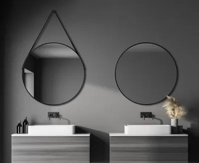 Zdjęcie produktu dla Lustro ?cienne okr?g?e Talos Black Style Matt Ø 80 cm - lustro ?azienkowe z paskiem do zawieszania o wygl?dzie skóry - wysokiej jako?ci aluminiowa rama w kolorze czarnym - lustro ?azienkowe