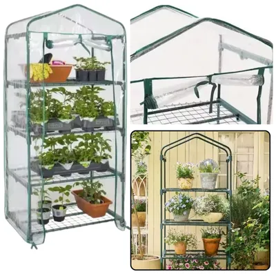Produktbild von Mini-Balkon-Gartengewächshaus mit 4 Metallregalen und PVC-Folie, 69 x 49 x 157 cm