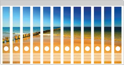 Produktbild von Wallario Ordnerrücken Sticker, selbstklebend für schmale Ordner, 12 Stück, Motiv Sandstrand in orange - Blaues Meer - Blauer Himmel