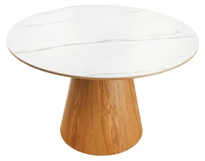 Productafbeelding van Eettafel LUMEA - Rond 120 cm - Keramisch tafelblad met wit marmer effect en walnoothouten voet - Hedendaagse stijl