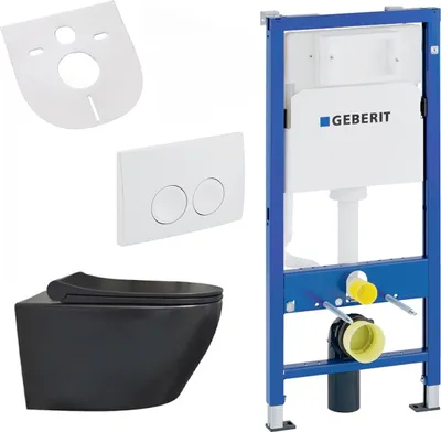 Produktbild von Belvit Wand WC Set spülrandlos Schwarz matt mit Softclose WC Sitz und Geberit UP100 Vorwandelement Keramik