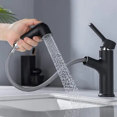 Produktbild von Waschtischarmatur Schwarz - Ausziehbarer Duschkopf - 2 Strahlarten - Messing