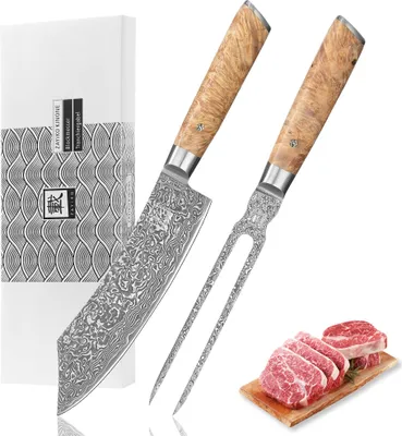 Produktbild von Zayiko Kinone Damast 2er Tranchier-Set I 18-20 cm Klingen Wurzelholzgriffe Birke