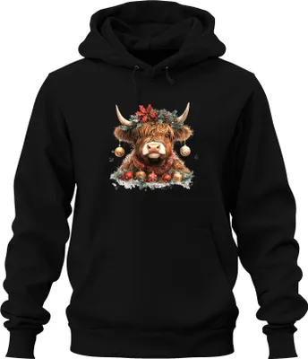 Produktbild von Highland Rind Weihnachten mit Kranz Stechpalme Schneeflocke Retro Uni Hoodie Kapuzenpullover, Schwarz, XL