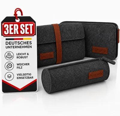 Produktbild von wortek Filz Federmäppchen - Schwarz - Federmappe Mäppchen Schlampermäppchen Tasche Brillenetui - 3 Stück