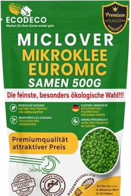 Produktbild von EcoDeco Mikroklee Samen 500 g, Weißklee Rasensamen, Zwergklee Microclover für gleichmäßigen grünen Rasen, 400 m² mit Gras